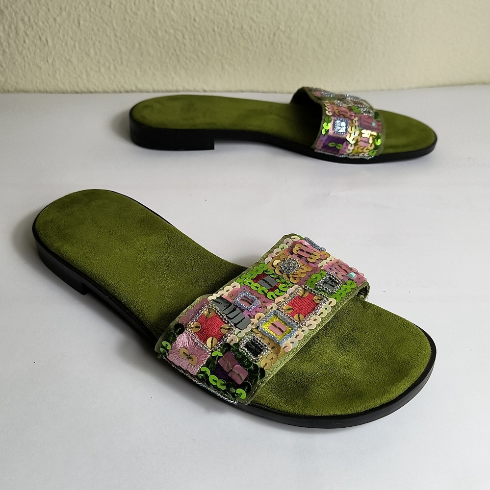 Amanda Smith 7M Green Suede Flat Slide Sandals Decorative Strap Bohemian